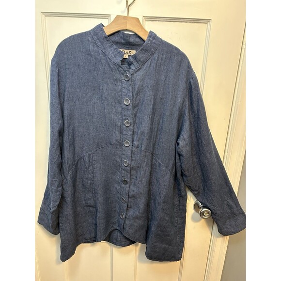 FLAX Designs Large 100% Linen Lagenlook Globetrotter Button Up Jacket Dark Denim - Picture 1 of 11